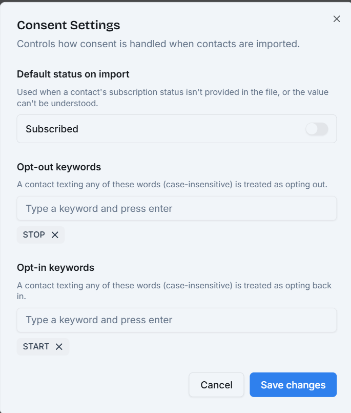 Robofy Consent Settings showing an import subscription default and configurable opt-out and opt-in keyword lists.